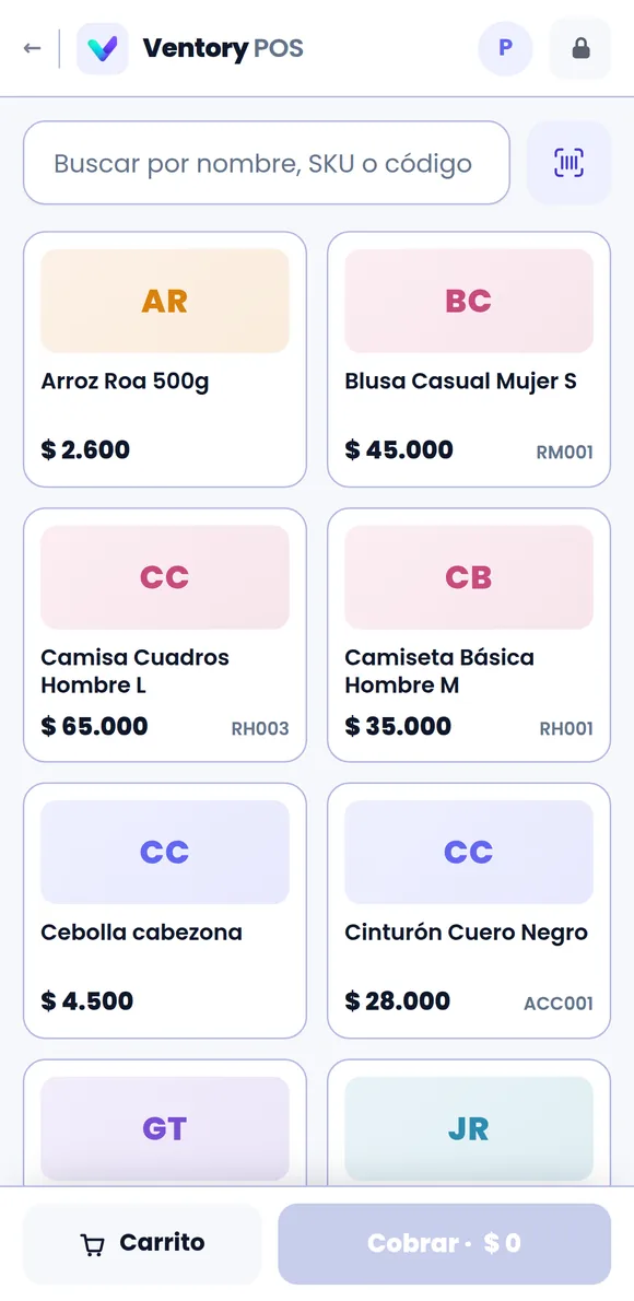 Ventory funcionando en la pantalla de un celular